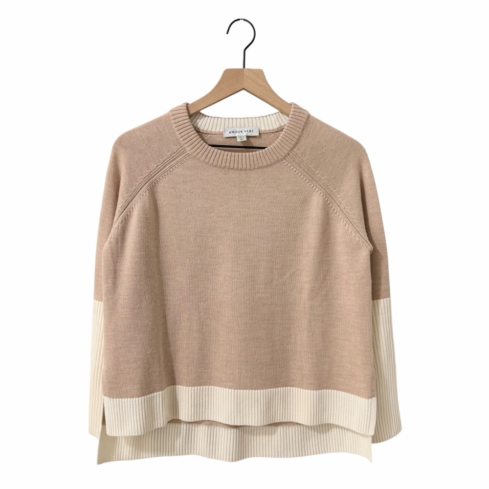 AMOUR VERT Merino Wool Colorblock Sweater Tan Cream Size XS - Picture 2 of 10